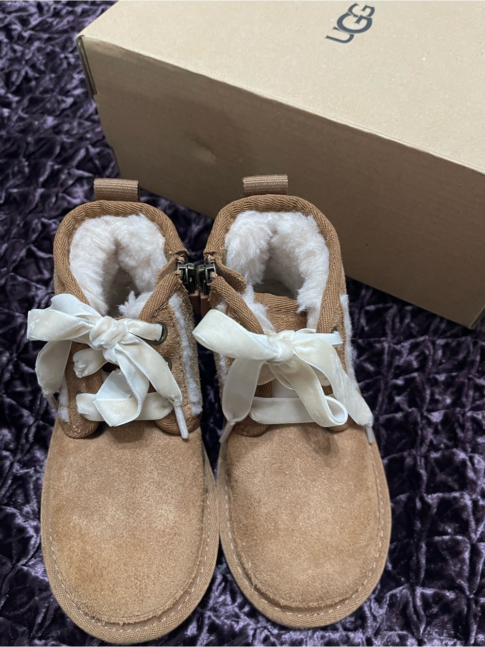 UGG Kids Chestnut Suede Boots with Ivory Ribbon